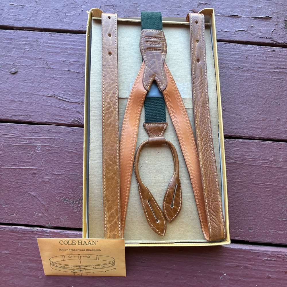 Vintage Cole Haan Mens Leather Suspenders Green Tan Braces Made in England 86024